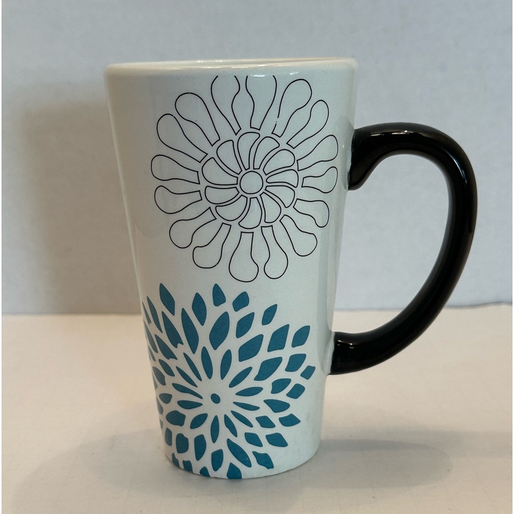 Pier 1 Imports 16 ounce Floral Mod Mum Coffee Mug Ironstone Black Teal